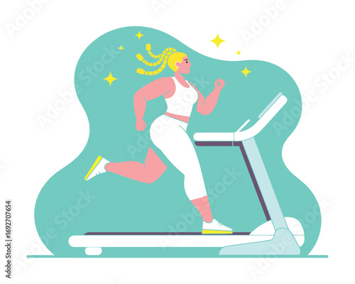 Vector illustration of woman running on a treadmill, healthy lifestyle and fitness concept