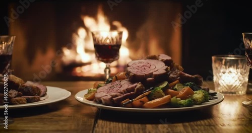 Elegant dinner setting with roast meat by the fire