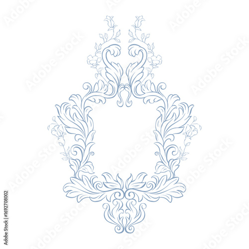 Crest, or wedding frame in baroque style. Vintage, wedding crest with elegant botanical ornament. Luxury Victorian frame for wedding invitation, card, cover, save the date. Hand drawn monogram frame.