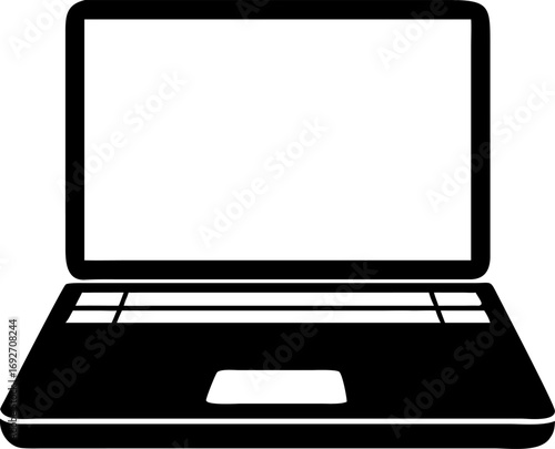 Minimalist black laptop computer icon in a flat design style. Vector graphic illustration of a notebook device silhouette