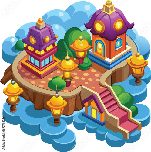 Whimsical fantasy island scene with colorful buildings and lush greenery floating among clouds