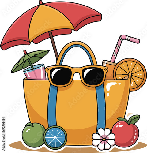 Summer beach accessories and items with sunglasses hat umbrella and drinks illustration