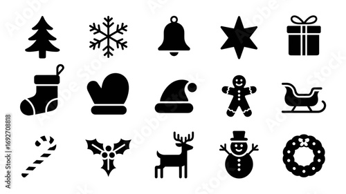 A set of Christmas icons, including a Christmas tree with snowflake, bell, gift stocking, Santa hat, reindeer, sleigh and other festive elements.