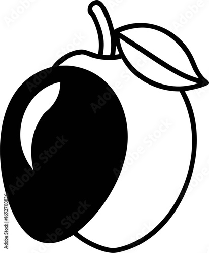 Stylized plum fruit vector icon in a bold black and white outline style. Fresh organic food symbol with a single leaf design