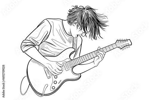 Vector illustration of a young guitarist playing electric guitar with passion and energy in black linear art
