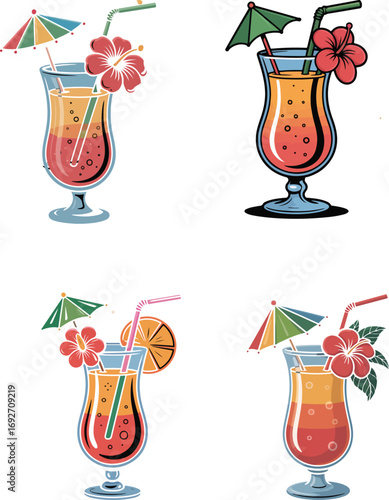 Set of different cocktails and drinks vector illustration with glasses and fruits