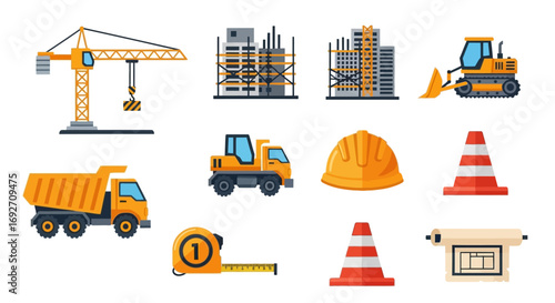 Colorful flat design construction icon set featuring a crane, trucks, buildings under construction, and tools.