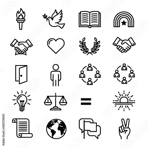A versatile collection of outline icons symbolizing fundamental human rights, global peace, social justice, community, equality, and freedom, perfect for modern design