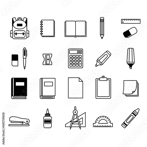 Collection of office and school supplies icons on a white background