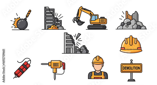 Set of colorful outlined demolition icons featuring construction worker, heavy machinery, tools, and building destruction.