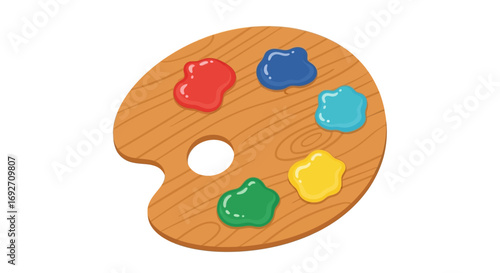 Illustrated wooden artists palette with five glossy dabs of colorful paint.