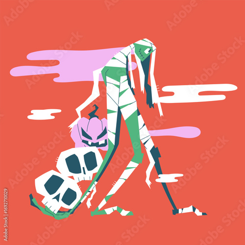 Creepy Halloween illustration of a mummy monster holding a pumpkin and skulls. Spooky character design perfect for posters, cards, and seasonal holiday decorations. Vector