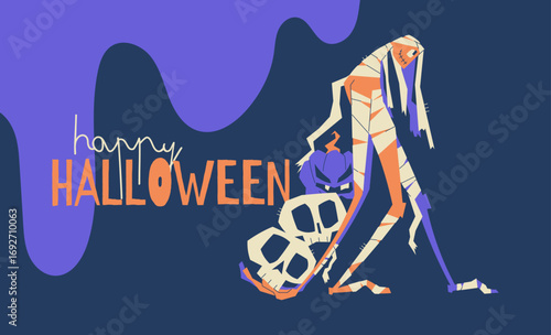 Halloween banner with creepy mummy monster, skulls, and pumpkin on dark background. Spooky poster design with Happy Halloween lettering for party invitations and seasonal decoration