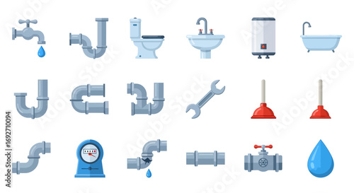 Illustrated plumbing tools and fixtures set, including pipes, faucet, toilet, bathtub, wrench, and plungers.