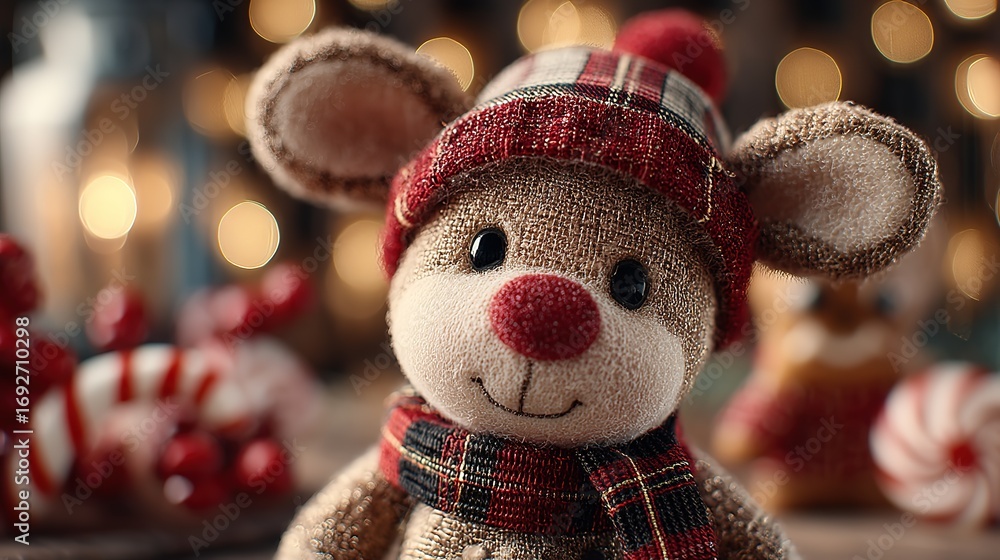 Fototapeta premium Charming light brown reindeer wearing checkered cap with pom pom and scarf, surrounded by candy canes and festive lights, Christmas holiday concept
