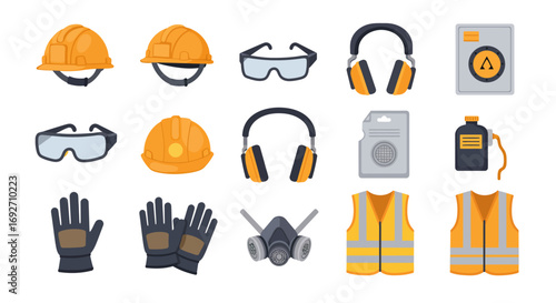 A comprehensive collection of personal protective equipment PPE for industrial and construction workplace safety, including hard hats, goggles, gloves, and vest