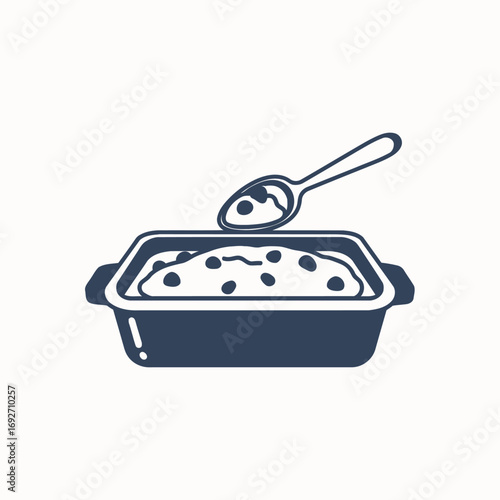 Minimalist icon of a homemade casserole or pudding in a baking dish with a spoon, symbolizing comfort food and home cooking