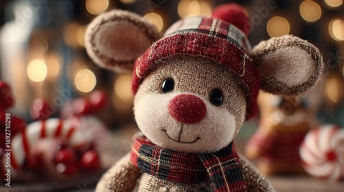 Charming light brown reindeer wearing checkered cap with pom pom and scarf, surrounded by candy canes and festive lights, Christmas holiday concept