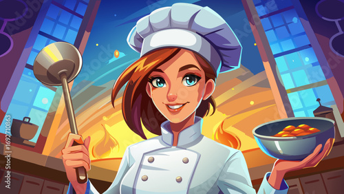 Close-up portrait of female chef wearing white uniform, holding ladle over saucepan. Bright kitchen light glows, isolated white background capturing elegance, skill, and confidence in professional gas