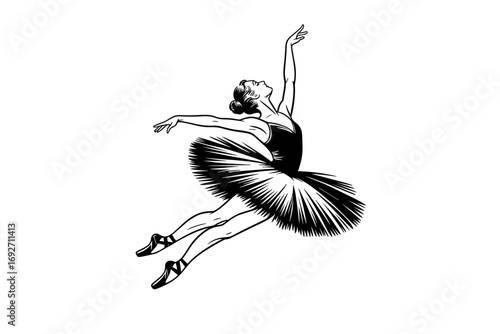 Vector illustration of ballerina dancing in graceful jump in black and white style
