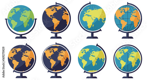 various globes showcasing earth continents in different colors