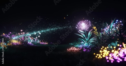 Enchanted garden with glowing flowers at night