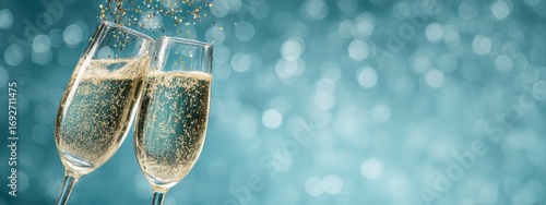 Two champagne flutes, sparkling, against a teal bokeh background