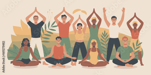 Vector illustration of diverse group doing outdoor yoga in a natural setting
