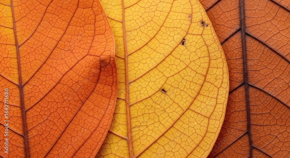 Fototapeta premium Close-Up View of Vibrant Orange Yellow Brown Leaves Textures