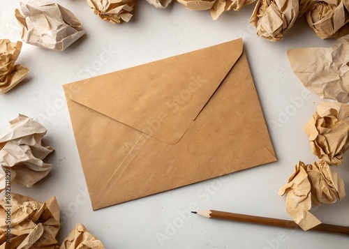 A brown envelope is sitting on a white background. The envelope is open and has a flap. The envelope is not addressed