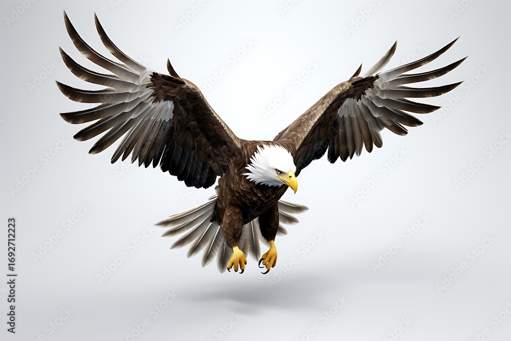 Obraz premium Majestic eagle soaring gracefully with outstretched wings against a soft gradient background