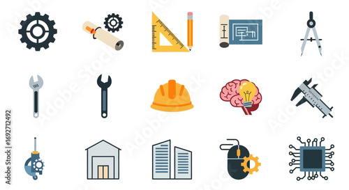Diverse Collection of Engineering and Technical Icons Representing Innovation and Industry.