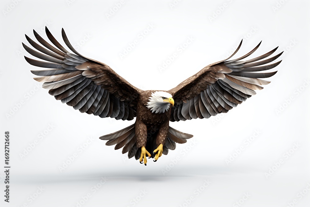 Naklejka premium Majestic eagle soaring gracefully with outstretched wings against a clean white background