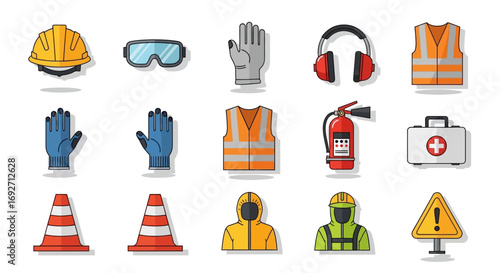 Colorful Illustrated Icon Set of Personal Protective Equipment and Workplace Safety Gear.
