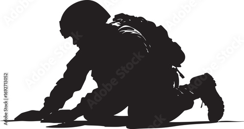 Crawling on Belly A soldier crawling low on their belly, staying close to the ground to avoid detection. full length silhouette black vector illustration