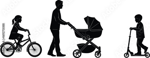 Father pushing baby stroller, girl riding bicycle, boy riding scooter, family outdoor activities, parenting, children playing, active lifestyle, healthy family time, fun together.
