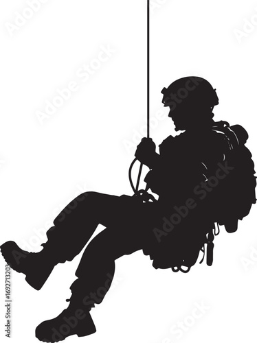 Rope Descent A black silhouette vector of a soldier rappelling down a building.