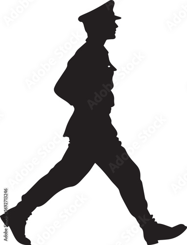 Marching A soldier marching in uniform, one leg raised high while the other is grounded, arms swinging at the sides. full length silhouette black vector illustration