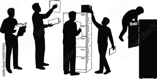 Office workers organizing documents, accessing filing cabinets, retrieving paperwork, managing files, workplace document storage, business file system, records management, archive sorting