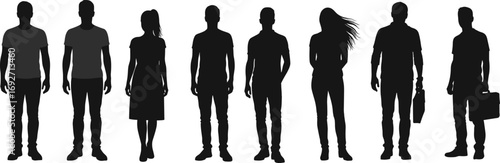 Group of diverse people silhouettes standing, teamwork, business professionals, casual and formal attire, men and women, unity, collaboration, partnership, diversity, modern lifestyle.