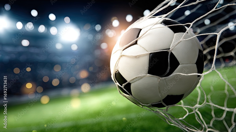 Fototapeta premium Soccer ball flying into the net in a stadium.