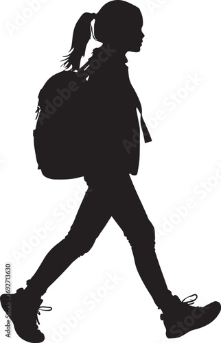 After-Class Exploration A full-length black vector of a student walking, schoolbag still on, after school.