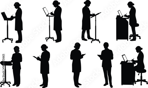 Professional woman working on laptop, standing desk, office workspace, businesswoman writing notes, modern office, technology, productivity, remote work, corporate environment, business concept