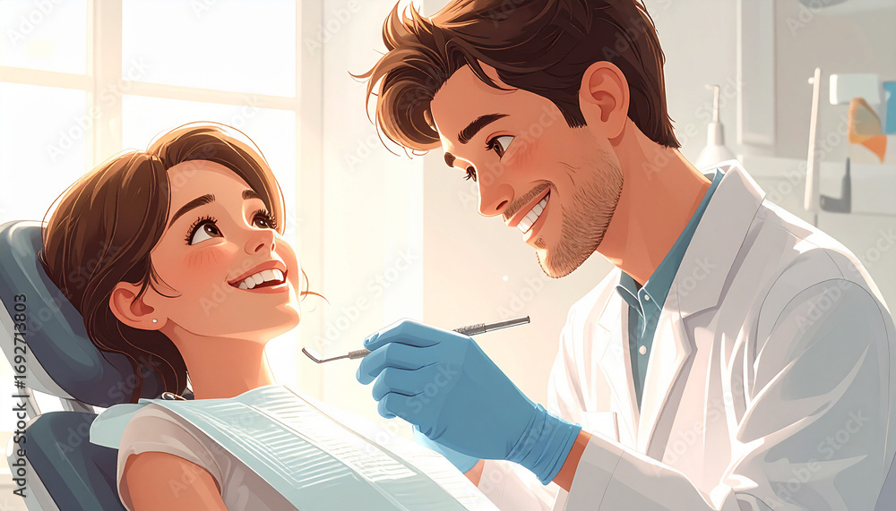 Fototapeta premium Friendly dentist reassures smiling patient during gentle dental examination in bright modern clinic