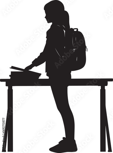 Opening Schoolbag A student standing at their desk, opening their schoolbag to retrieve books or supplies. full length silhouette black vector illustration
