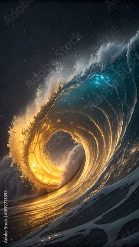 A majestic ocean wave breaks, revealing a brilliant golden curl of water that glows under a vast, star filled night sky.