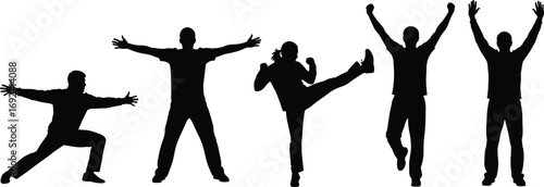 Silhouette group of energetic people performing fitness exercises, martial arts kicks, jumping, stretching, active lifestyle, health, movement, workout, sport, exercise.