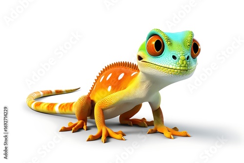 Colorful cartoon gecko with vibrant patterns exploring a bright, minimalistic environment