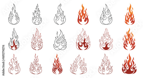 Collection of Stylized Fire Icons Representing Different Stages of Combustion and Intensity