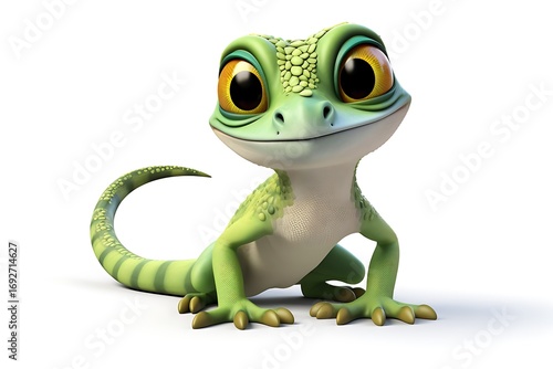 Cute animated green lizard character posing playfully on a clean white background